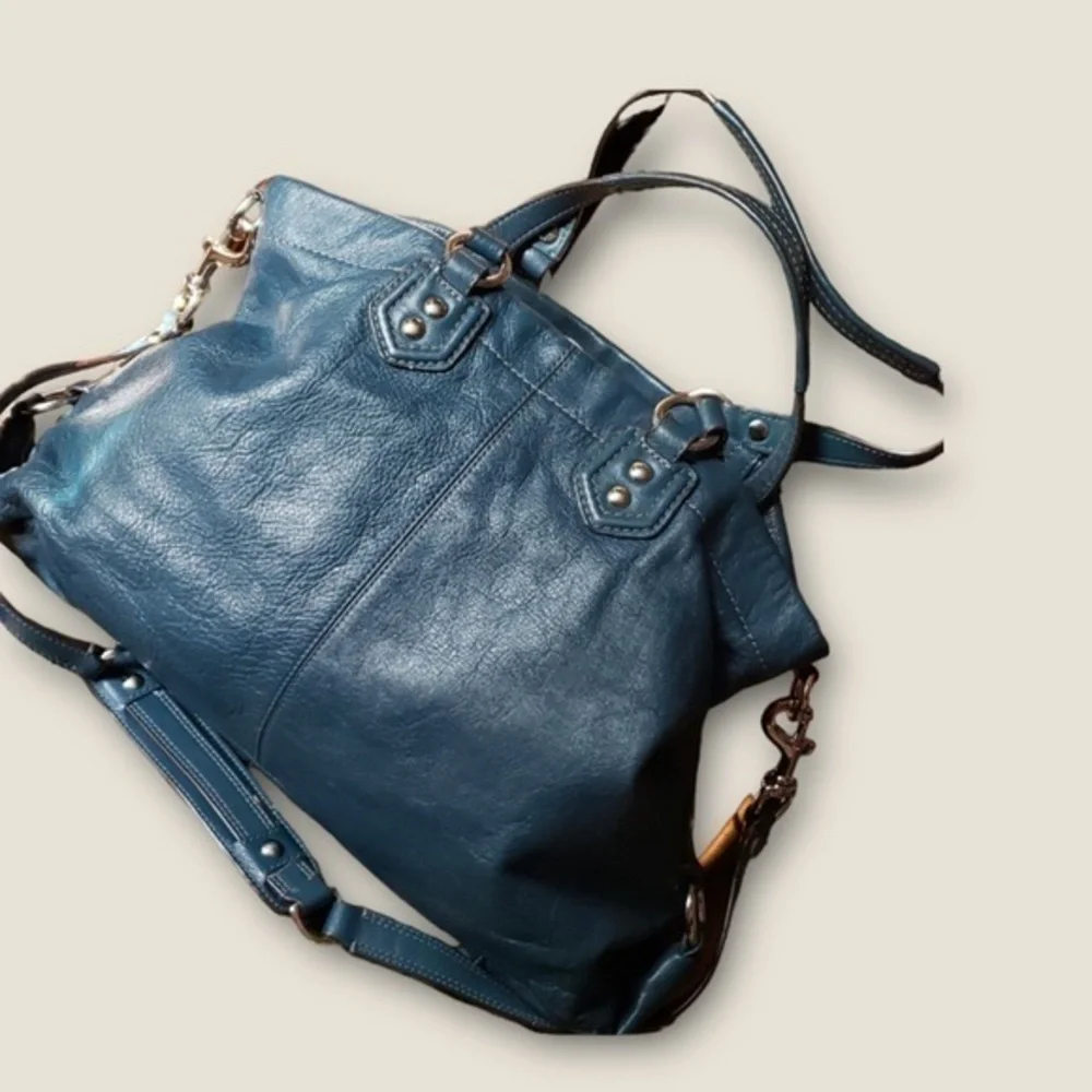 Coach Teal Soft Leather Slouchy shoulder bag tote with nickel color hardware